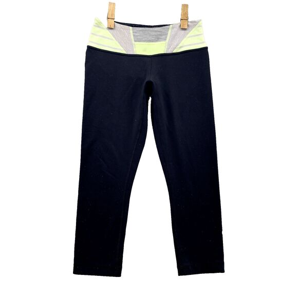 Lululemon Leggings Adult 4 Black Lime Stripe Waist Capri Comfort Stretch Women's - Picture 1 of 12